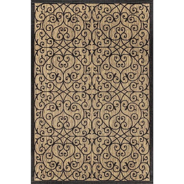 Madrid Vintage Filigree Textured Weave Black/Khaki 9 ft. x 12 ft. Indoor/Outdoor Area Rug