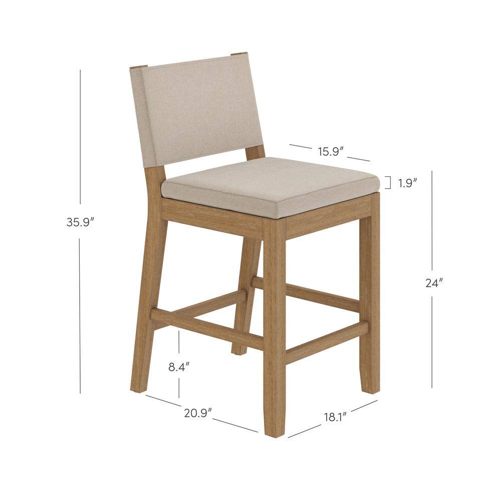 Linus Natural Flax Upholstered Counter Height Bar Stools with Rubberwood Legs, Set of 2