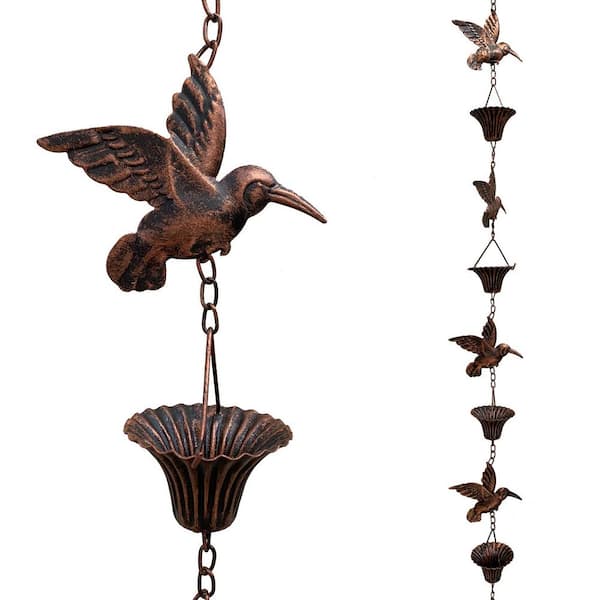Angel Sar 8.5 ft. Outdoor Metal Hummingbird and Cup Rain Chains for Gutters, Functional Replacement for Downspout, Antique Copper