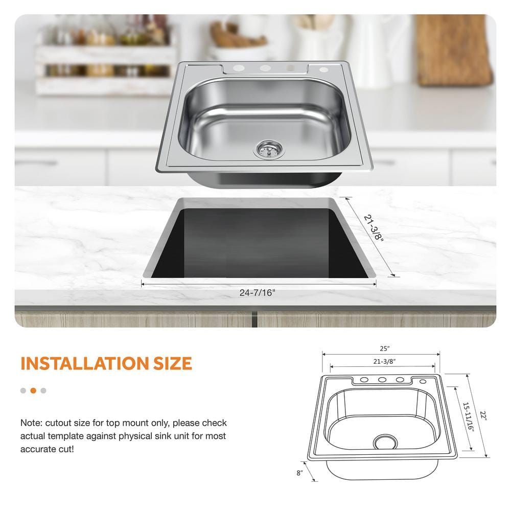 25-inch Brushed Stainless Steel Single Bowl Drop-In Kitchen Sink with Faucet