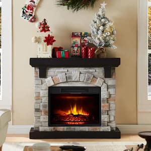 40 in. Gray Freestanding Faux Stone Infrared Electric Fireplace with Mantel