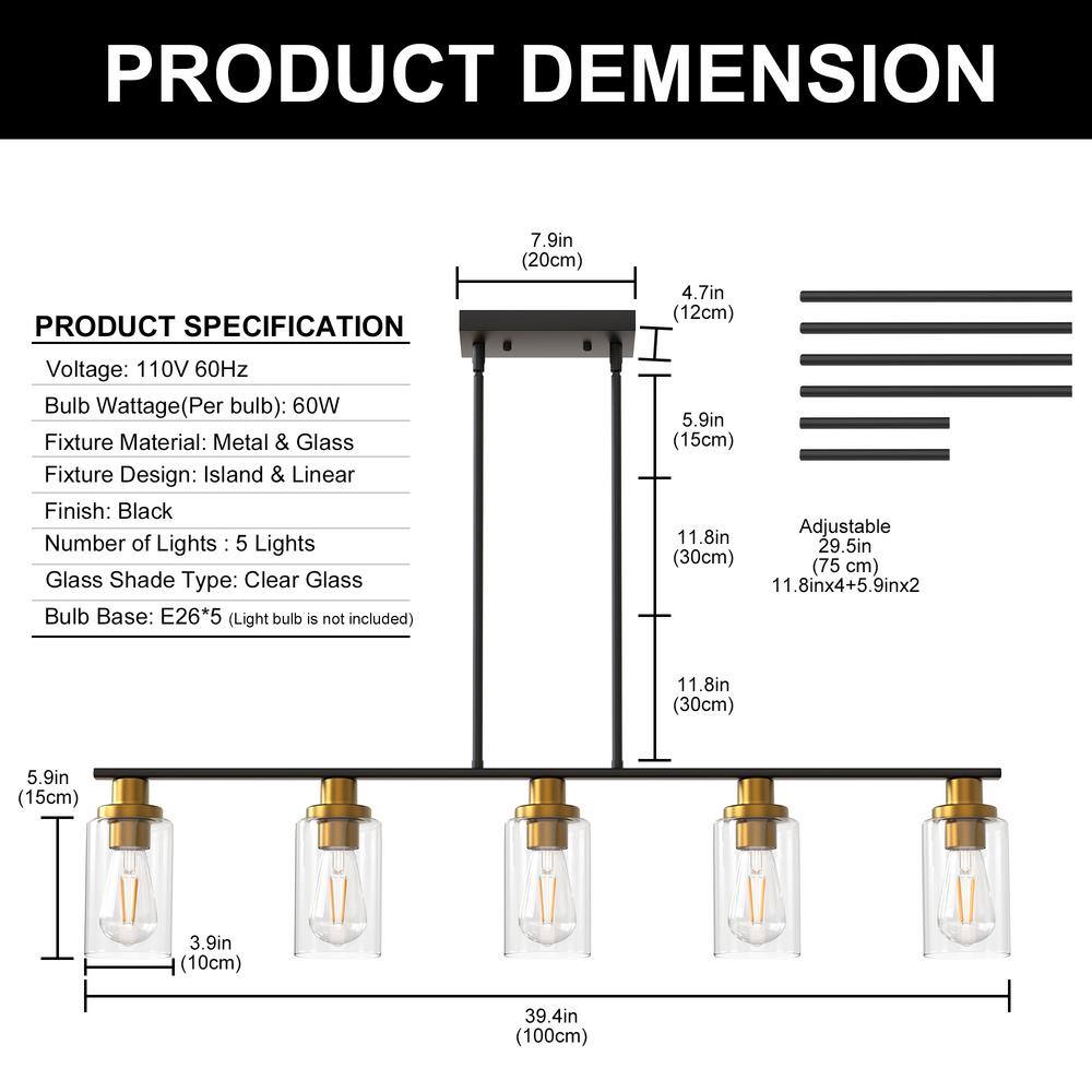 Matte Black and Gold 5-Light Linear Island Pendant with Clear Glass Shades