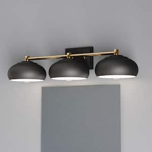 Belmont 27.5 in. W 3-Light Matte Black and Satin Brass Mid Century Modern Dome Bathroom Vanity Light Fixture