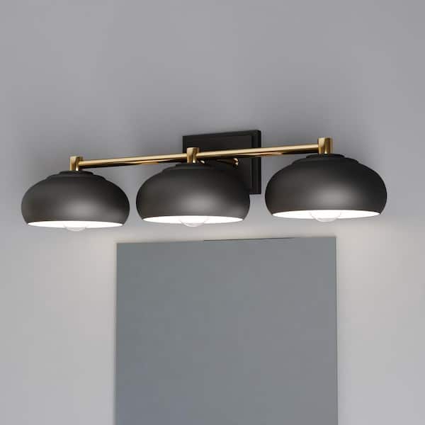 Belmont 27.5 in. W 3-Light Matte Black and Satin Brass Mid Century Modern Dome Bathroom Vanity Light Fixture