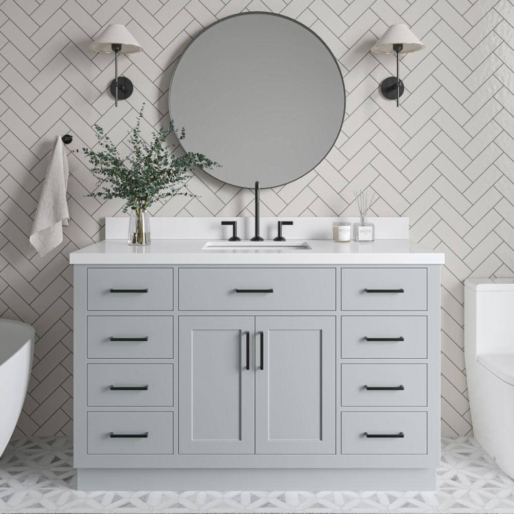 Hepburn 55 in. W x 22 in. D x 36 in. H Bath Vanity in Grey with White Pure Quartz Vanity Top with White Basin -  ARIEL, T055SWQRVOGRY