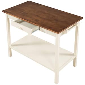 42 in. L Walnut Plus Cream White Solid Wood Kitchen Island, Butch Block Prep Table with Storage, Drawer and Towel Rack