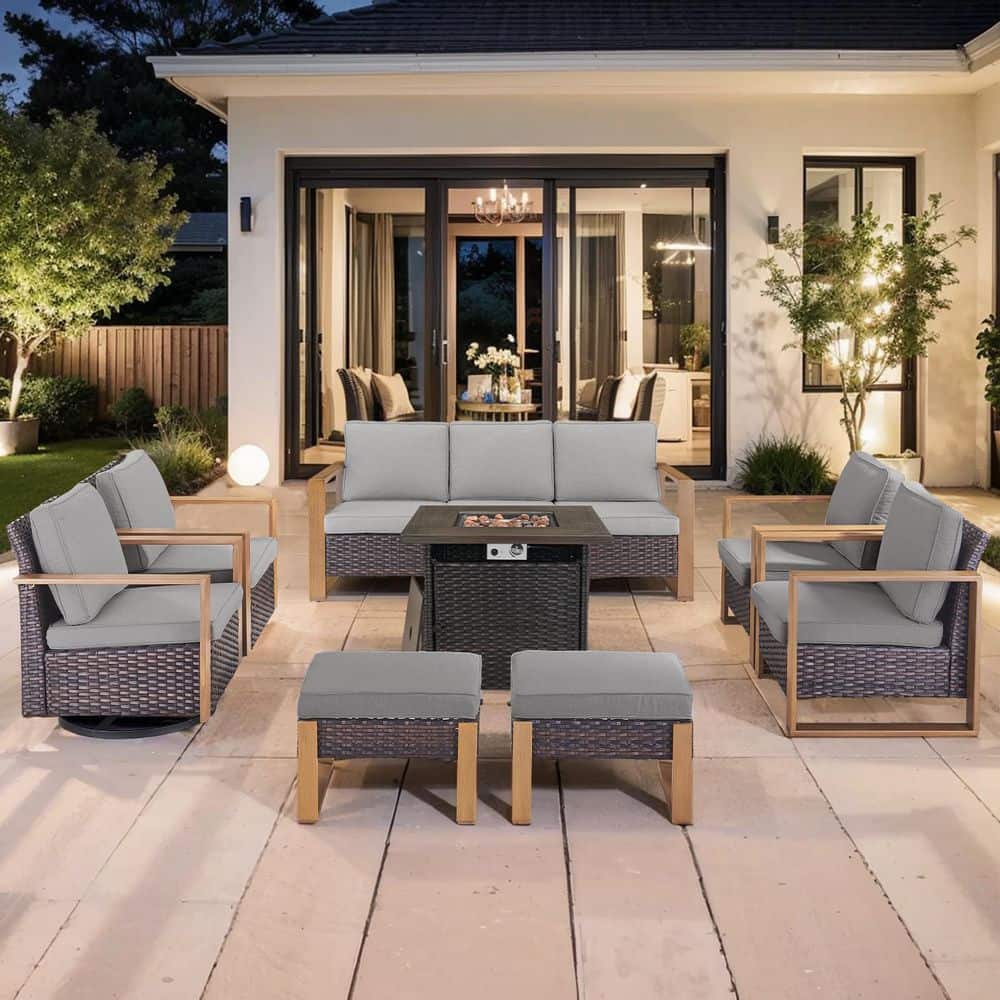 Cube Edge 8-Piece Brown Wicker Fire Pit Conversation Set with Olefin Gray Cushions and Couch/Patio Swivel Chairs price history on PriceWatchPro