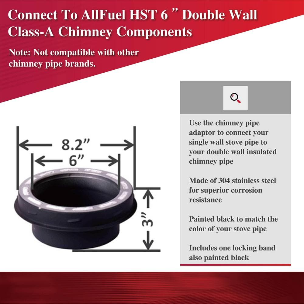 Black Stainless Steel 6" Stove Pipe Adapter with Locking Band