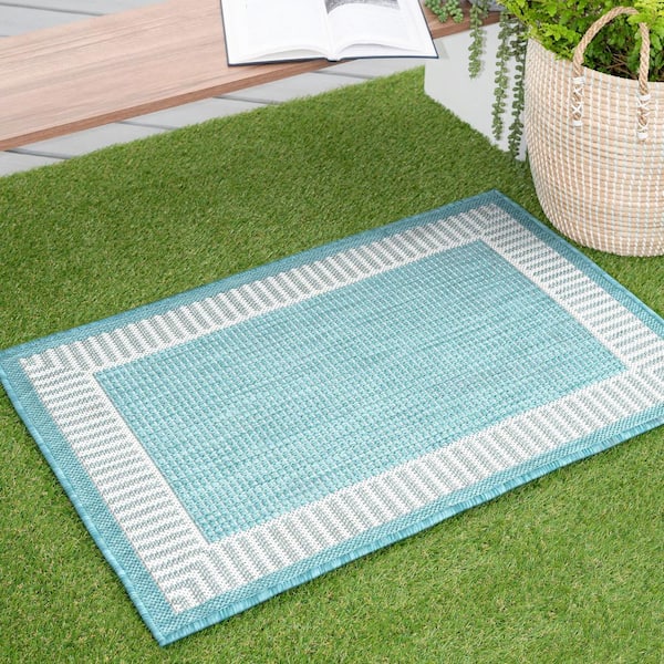 Eco Striped Border Aqua 2 ft. x 3 ft. Indoor/Outdoor Area Rug