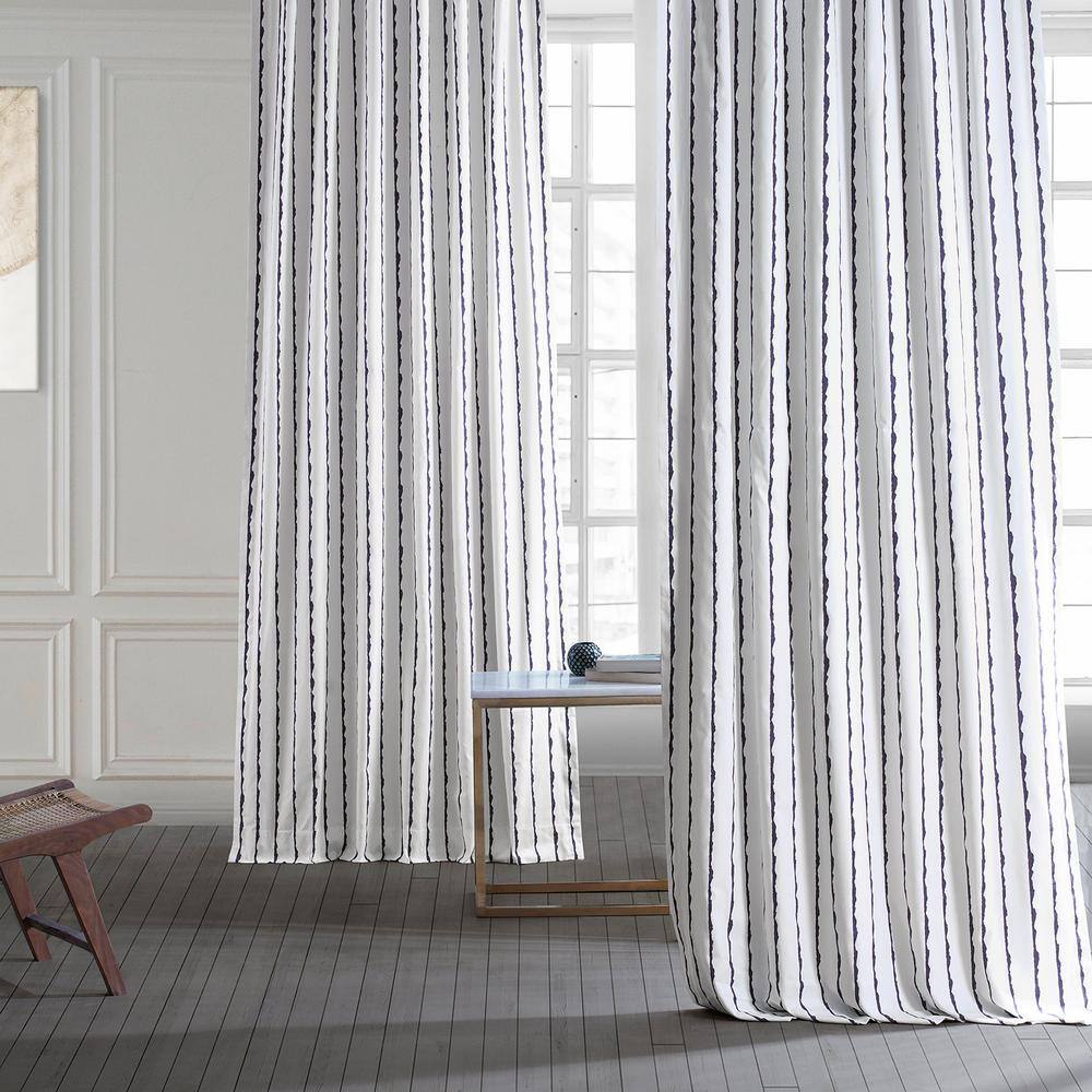 Sharkskin Blue and White Striped Cotton Room Darkening Curtain Panel
