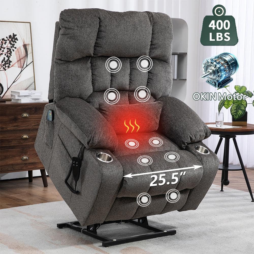 Grey Chenille Recliner Platinum Big and Tall Dual Motor Power Lift Chair wi