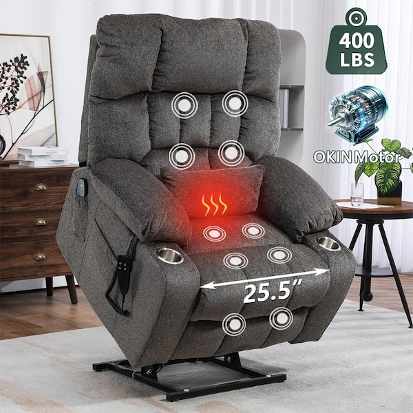 Grey Chenille Recliner Platinum Big and Tall Dual Motor Power Lift Chair with Massage, Heating and 2-Cup Holder