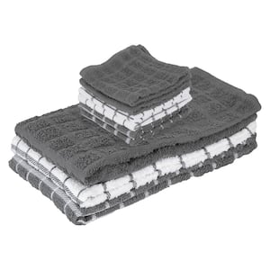Grey Cotton Check Kitchen Towel Set (6-Pack) and Check Dish Cloth Set (3-Pack)