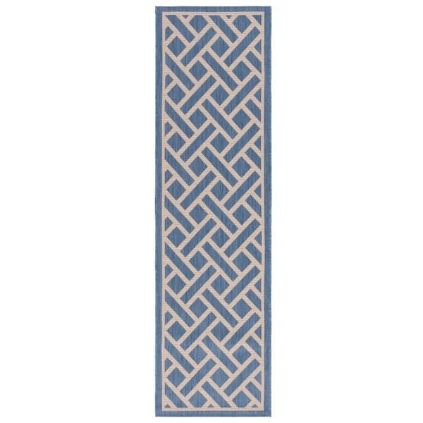 SAFAVIEH Courtyard Blue/Light Beige 2 ft. x 8 ft. Geometric Lattice Indoor/Outdoor Runner Rug