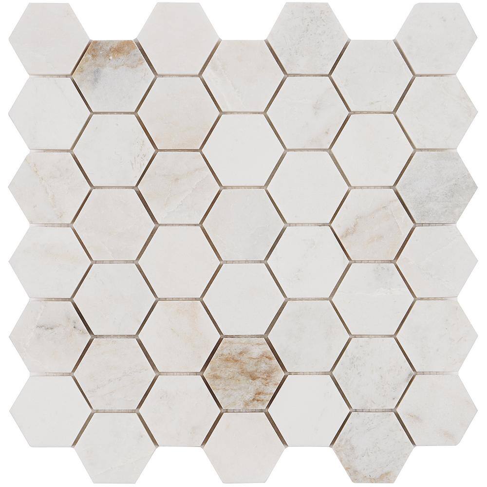 Frost White Polished Marble Hexagon Mosaic Tile 12" x 12"