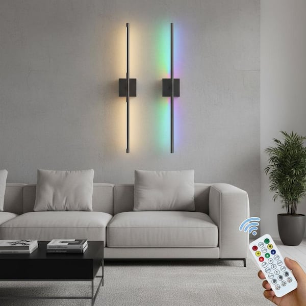 28 in. 2-Light Black Wall Sconces, Wireless LED 3CCT-RGB Wall Lights for Bedroom, Living Room, 2-Pack