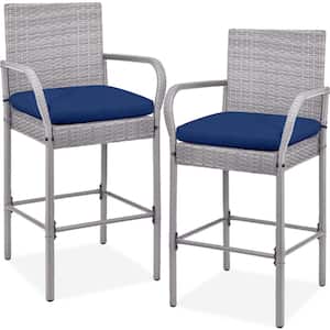 Wicker Grey Outdoor Bar Stools with Navy Blue Cushions (2-Pack)
