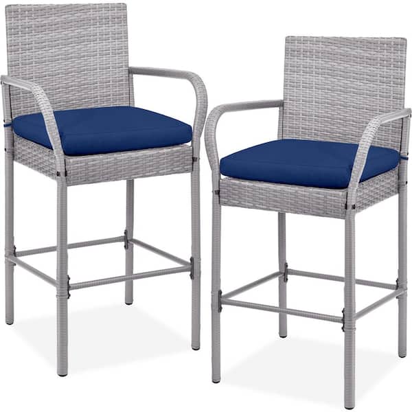 Best Choice Products Wicker Grey Outdoor Bar Stools with Navy Blue Cushions (2-Pack)