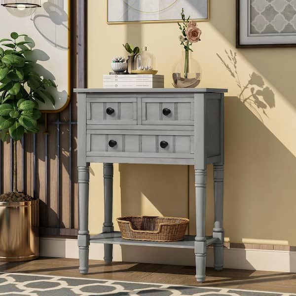 23.7 in. Gray Wash Rectangle Wood Console Table with Three Storage Drawers and Bottom Shelf for Living Room