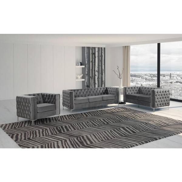 Fleming 84 in. L Gray Velvet 3 Seater Sofa