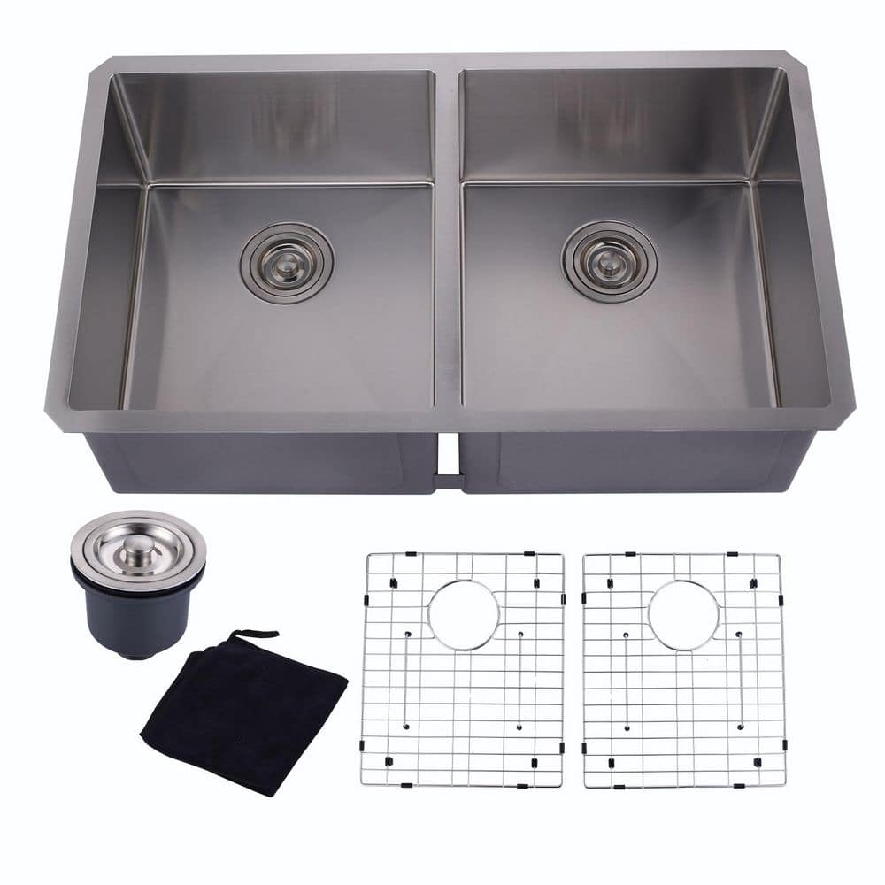 "32"" x 19"" Drop-in Stainless Steel 50/50 Split Double Bowl Kitchen Sink with Strainers and Bottom Grids in Brushed Nickel" price history on PriceWatchPro