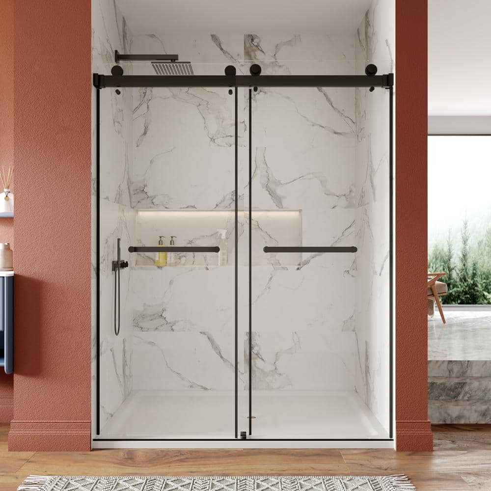 Black Frameless Double Sliding Shower Door with Tempered Glass