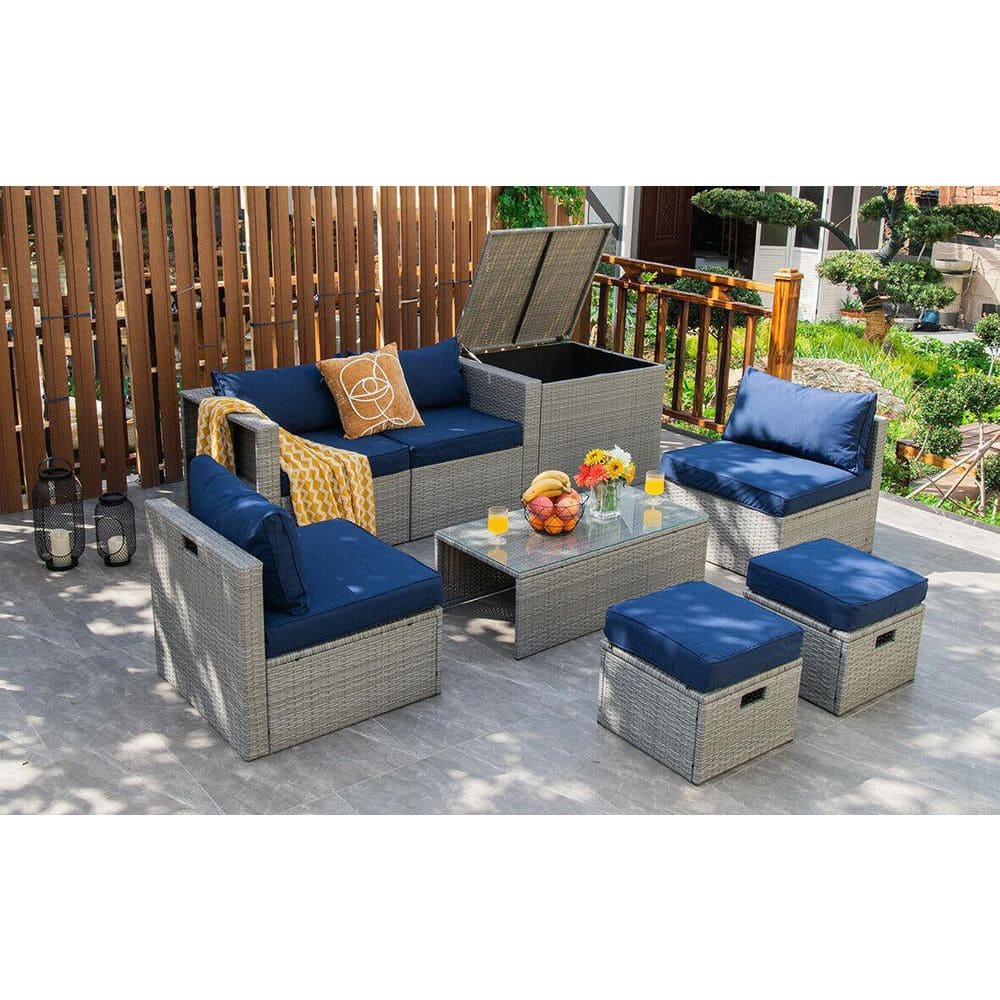 8-Piece Navy PE Rattan Outdoor Patio Furniture Set