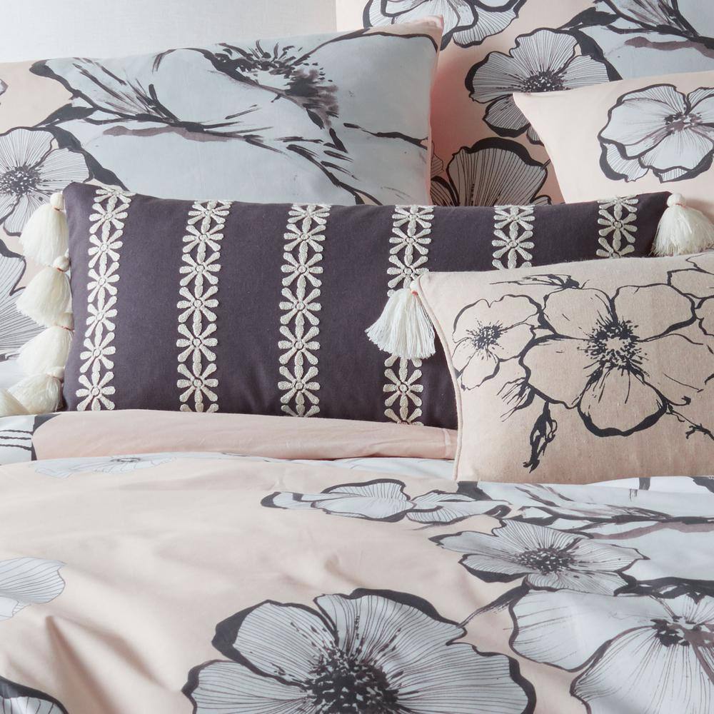 Black and Cream Embroidered Floral Petal Pillow 12x24