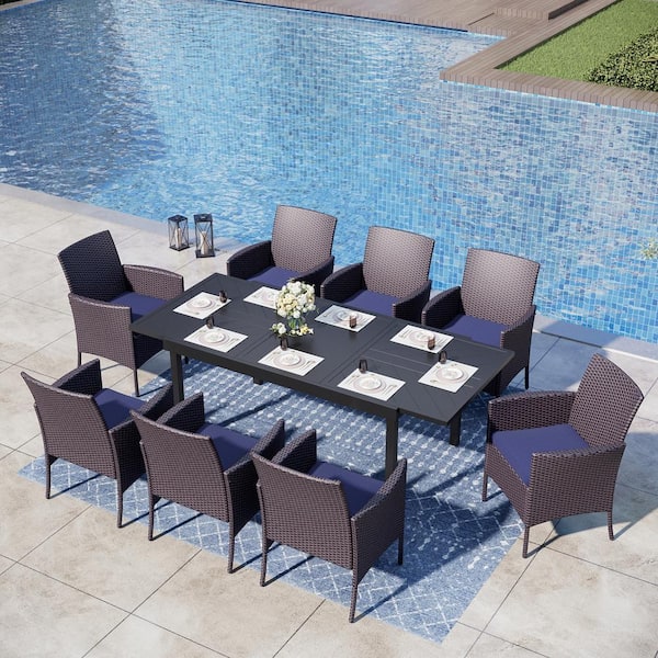 PHI VILLA Black 9-Piece Metal Patio Outdoor Dining Set with Geometric Extendable Table and Rattan Chairs with Blue Cushion
