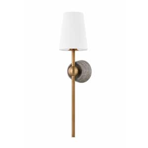 Los Vilos 6.5 in. 1-Light Patina Brass Finish Wall Sconce with Off White Linen Shade