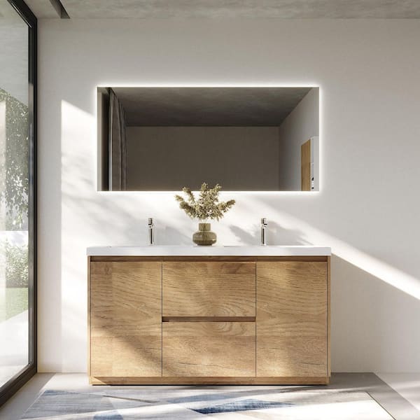 MT 59 in. W x 19.6 in. D Double Sink Freestanding Bath Vanity in Mature Oak with White Resin Vanity Top