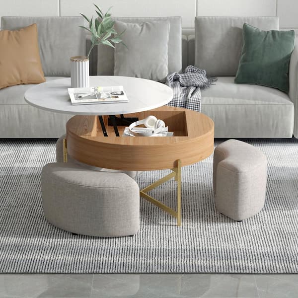31 in. Brown Round Sintered Stone Top Nesting Coffee Table Set, Center Table with Lift Top, 2 Storage Drawers, 3 Stools