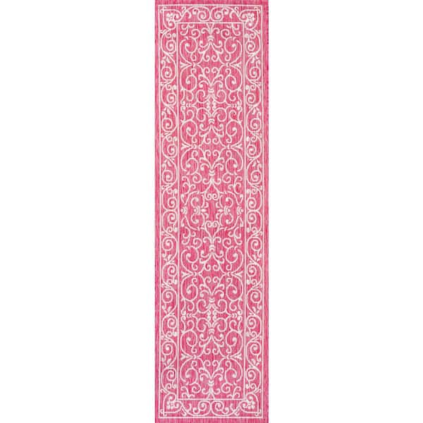 Charleston Vintage Filigree Textured Weave Fuchsia/Light Gray 2 ft. x 10 ft. Indoor/Outdoor Area Rug