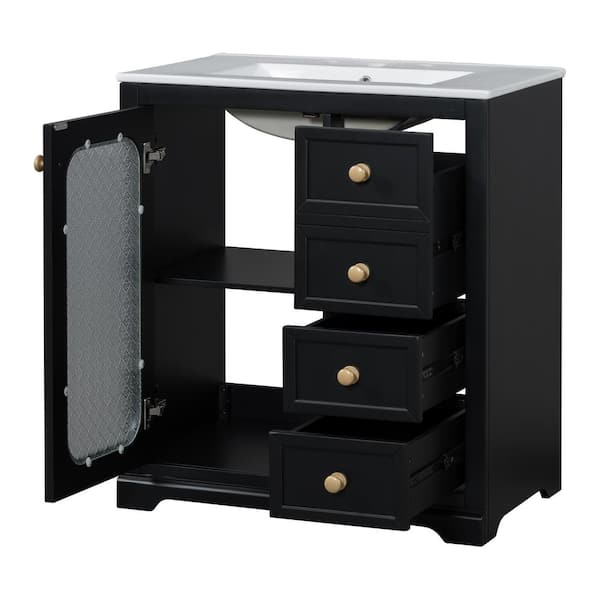 30 in. W x 18 in. D x 34.06 in. H Black Bathroom Vanity Freestanding Adjustable Shelves ,Top Ceramic with White Basin