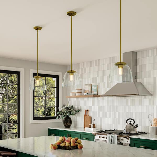 Tamassee Collection 1-Light Brushed Gold Updated Traditional Mini Pendant with Clear Glass Shade for Kitchen