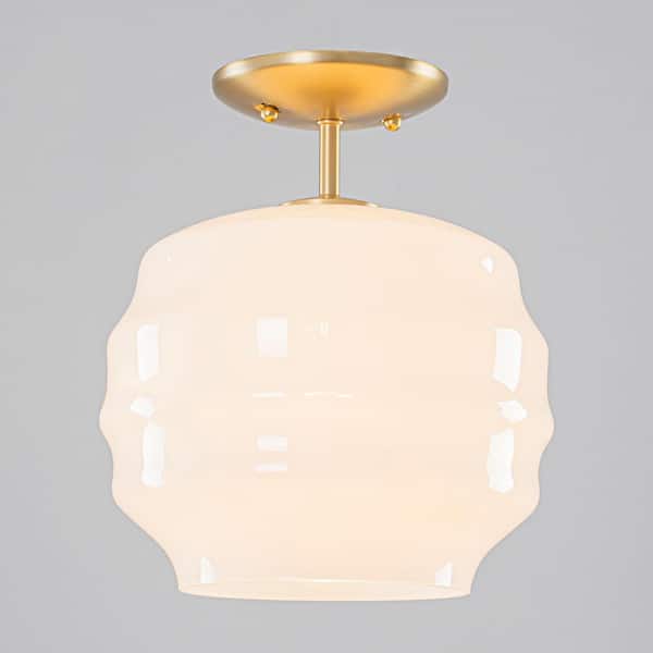 Sive 9.4 in. 1-Light Brushed Brass Modern Farmhouse Dome Flush Mount with White Frosted Glass Shade