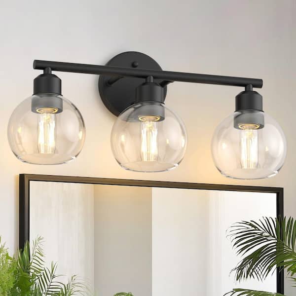 17.71 in. 3-Light Black Vanity Light Fixture with Clear Glass Globe Shade, E26 Base, Modern Bathroom Wall Light