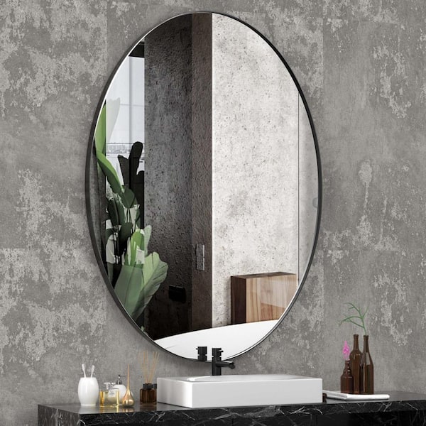 22 in. W x 30 in. H Large Oval Mirror Stainless Steel Framed Mirror Wall Mirrors Bathroom Vanity Mirror in Brushed Black