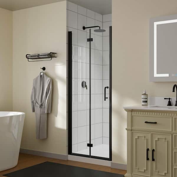 LTMATE 30 in. W x 72 in. H Bi-Fold Frameless Shower Door in Black Finish with Clear Glass