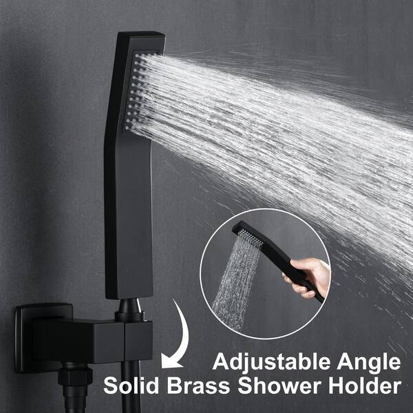 WELLFOR DT 12-in Rain Shower Head Wall Mount Matte Black Dual Head Waterfall Built-in Shower Faucet System with 2-Way Diverter Valve Included
