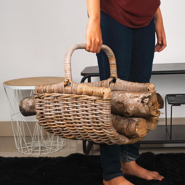 Vintiquewise Decorative Rattan Grey Log Holder Basket for Entryway