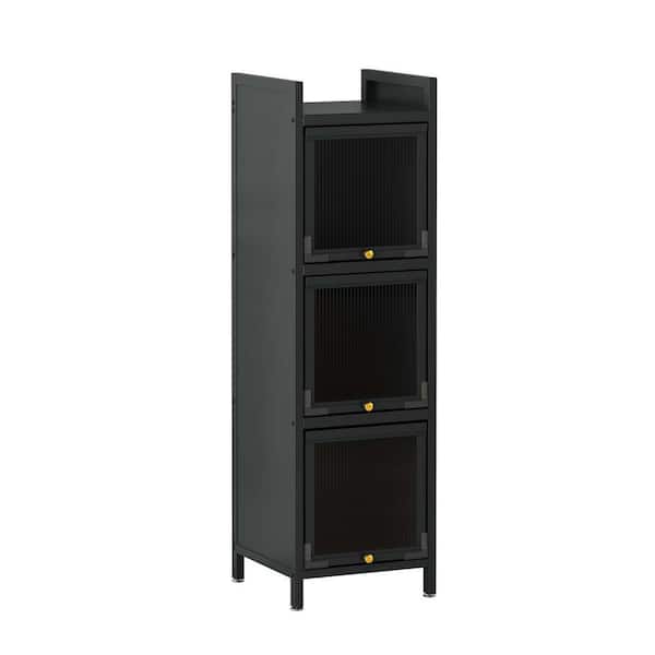 Unbranded 13.78 in. W x 14.17 in. D x 47.24 in. H Black Metal Linen Cabinet with 3 Glass Doors and 4 Wheels