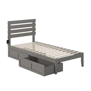 Oxford Grey Twin Extra Long Solid Wood Storage Platform Bed with USB Turbo Charger and 2 Extra Long Drawers