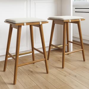 Barker 25 in. Counter Height Wood Bar Stool w/ Upholstered Cushion, Backless Island Stool, Cream Boucle/Brown, Set of 2