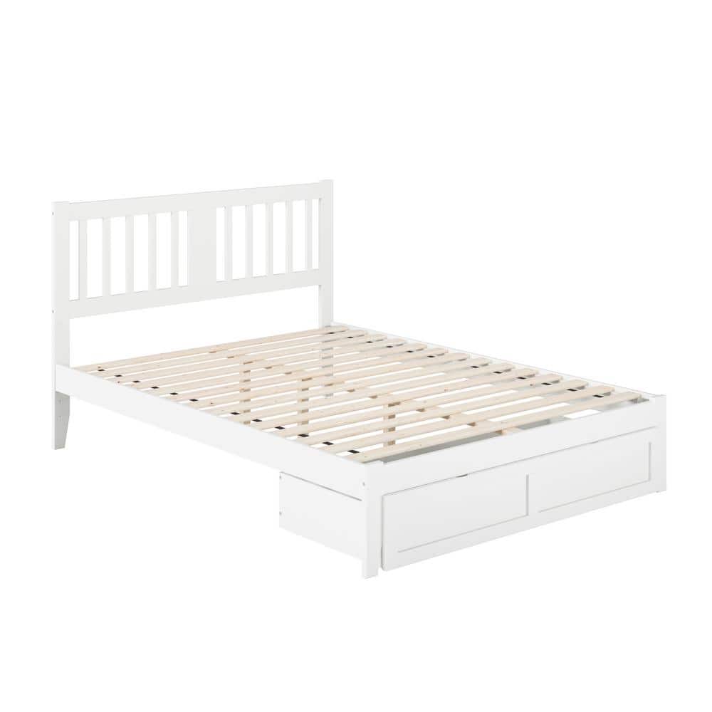 White Queen Wood Platform Bed with Storage Drawer and USB Charger