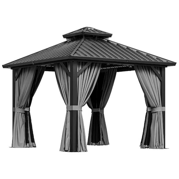 10 ft. x 10 ft. Outdoor Galvanized Steel Double Roof Hardtop Gazebo with Aluminum Frame, Netting and Curtain for Patio