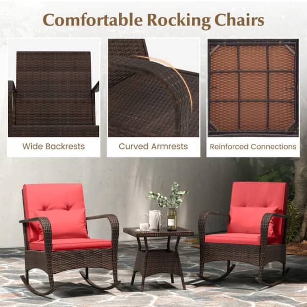 3-Piece Wicker Outdoor Patio Conversation Rocking Set with Tempered Glass Coffee Table and Red Cushions