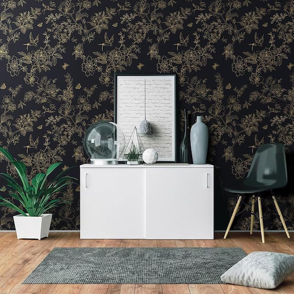 Black and Gold Floral Contact Paper Peel and Stick Wallpaper Roll