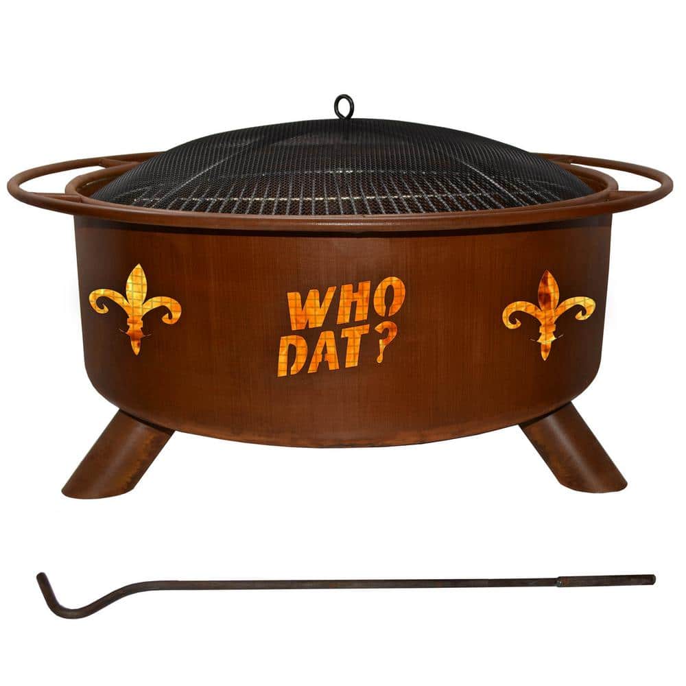 Who Dat 29 in. x 18 in. Round Steel Wood Burning Rust Fire Pit with Grill P