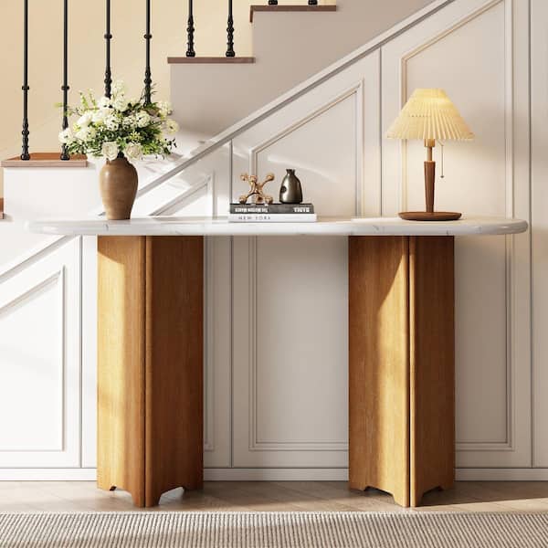 Harper & Bright Designs 53.9 in. Natural Oval Faux Marble Console Table with Curved Legs